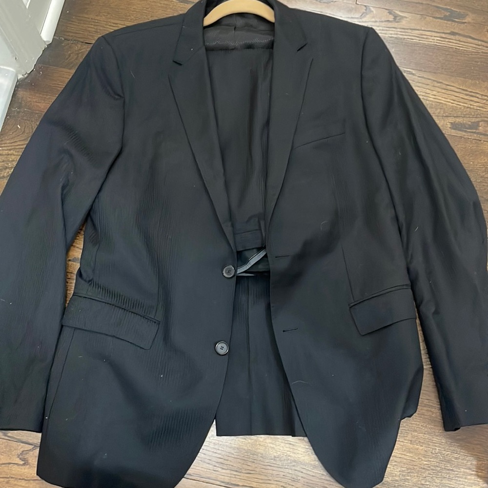 Boss super 100 mens black striped suit